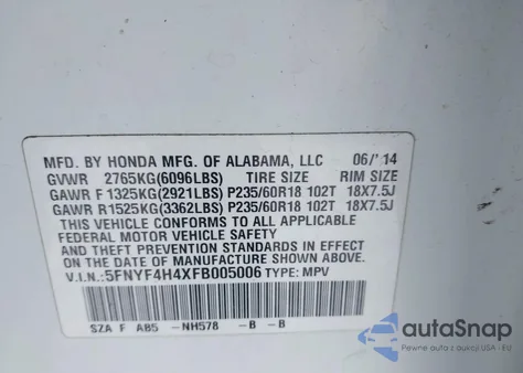 2015 Honda Pilot Ex from USA, damaged, VIN 5FNYF4H4XFB005006